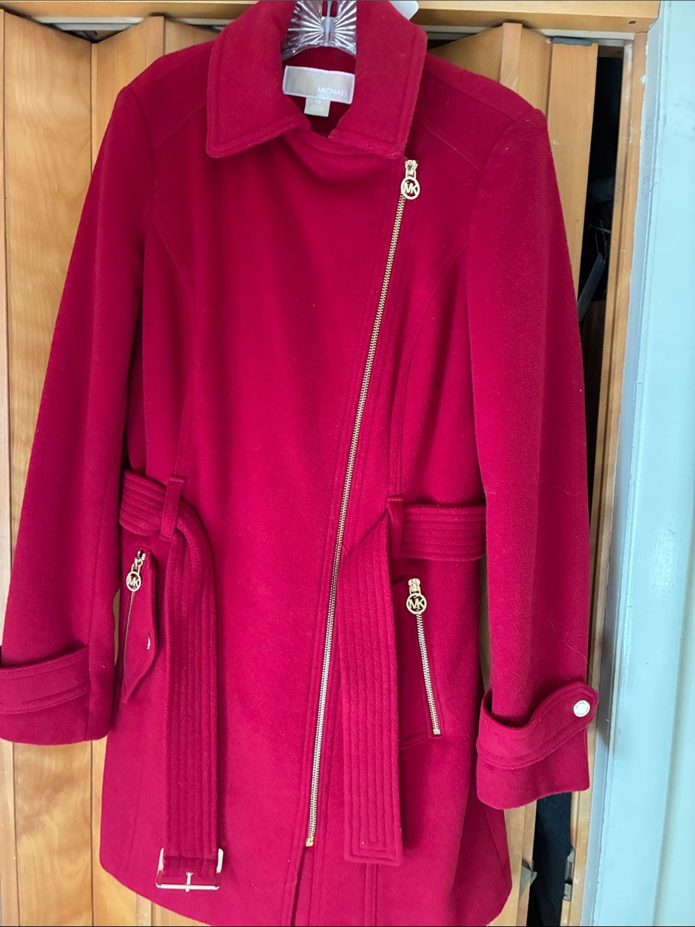Michael Kors Red Belted Wool Trench Coat with Gold Hardware